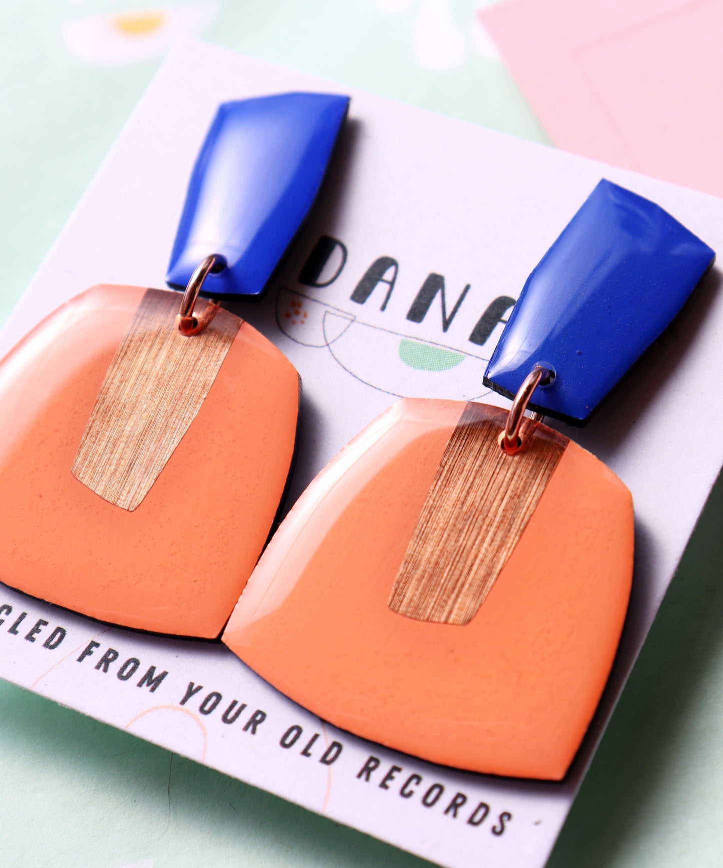 BETTY no.1 in salmon pink, blue & copper / recycled vinyl record earrings