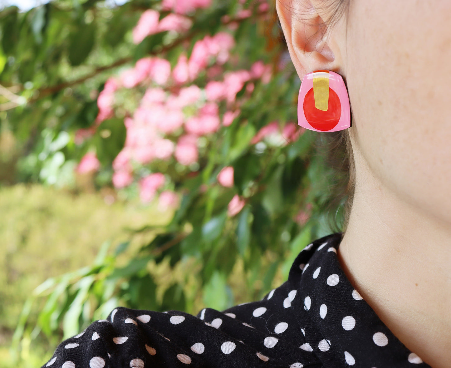 Cherry pop studs with a hint of lush gold / Irish made jewellery