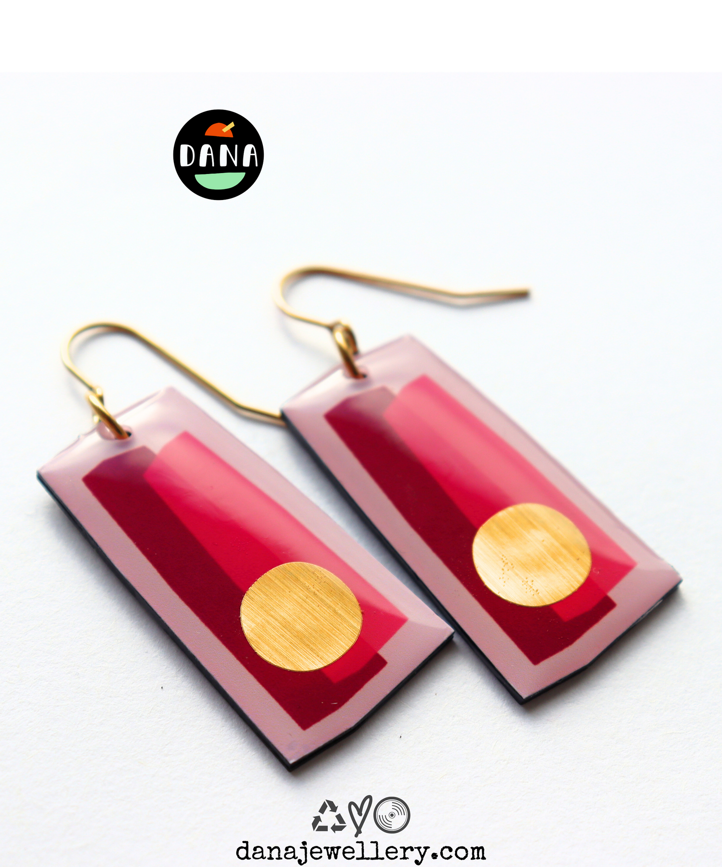 In shades of fuchsia and pink with a pop of gold / recycled vinyl earrings