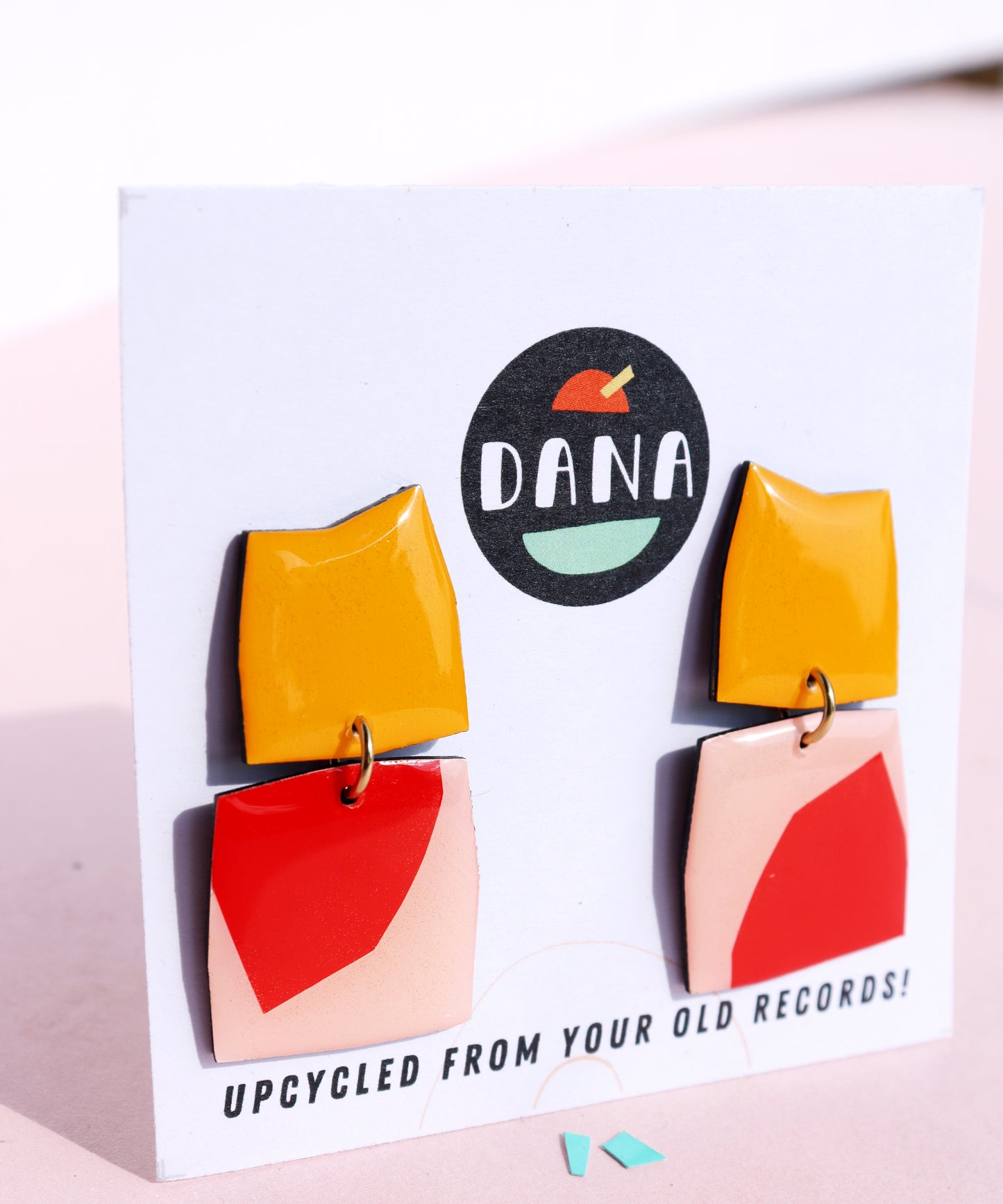 Geometric dangly studs in yellow and red / upcycled Irish jewellery design