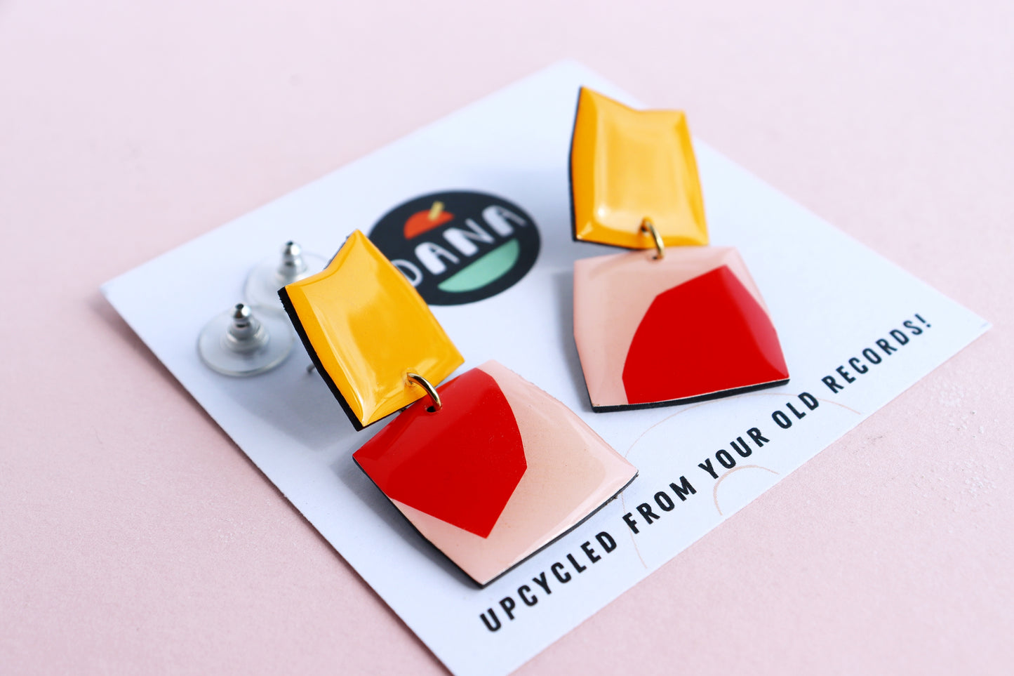 Geometric dangly studs in yellow and red / upcycled Irish jewellery design