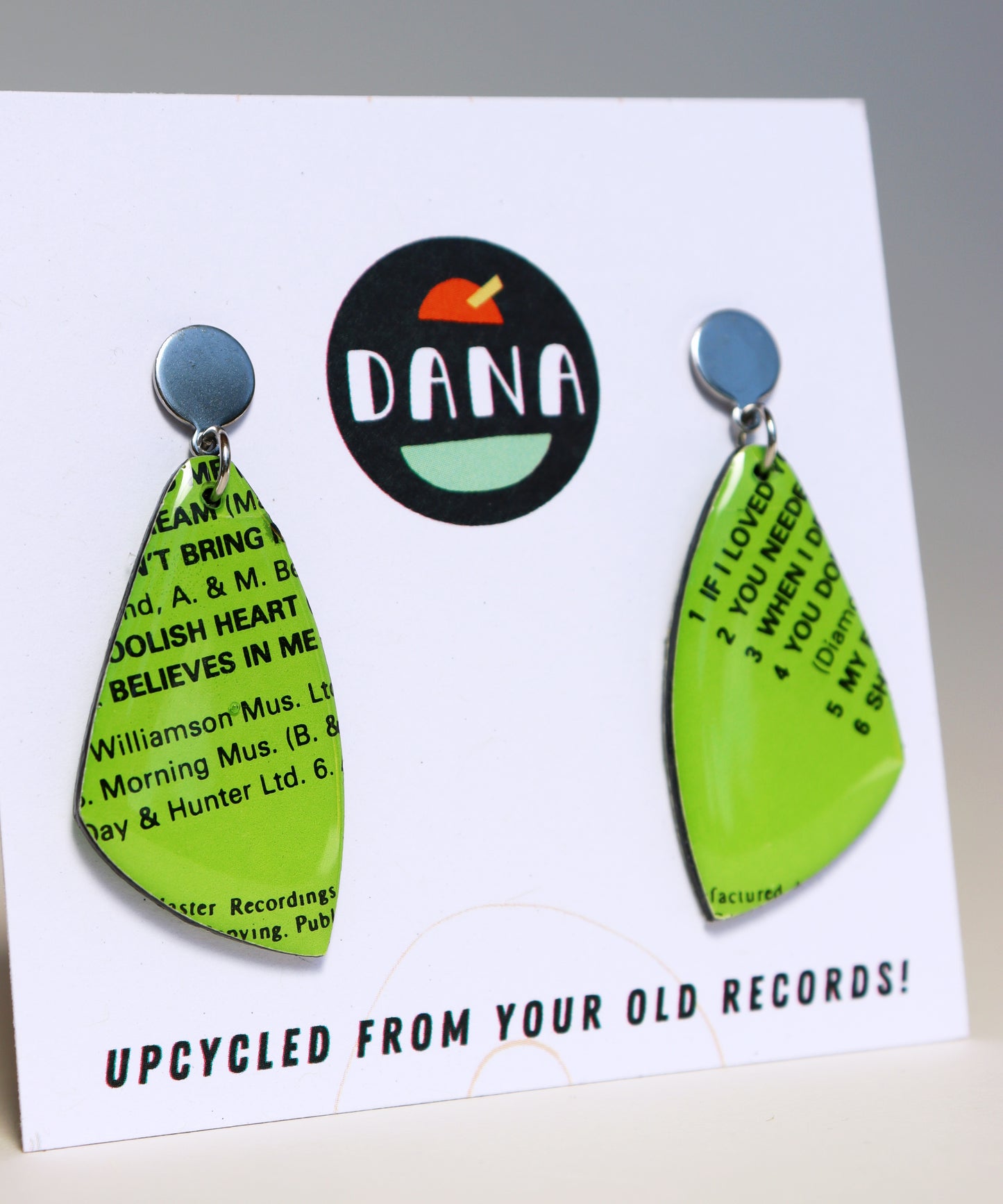 My Foolish Heart / bright lime green one of a kind recycled vinyl record earrings / ONE OF A KIND