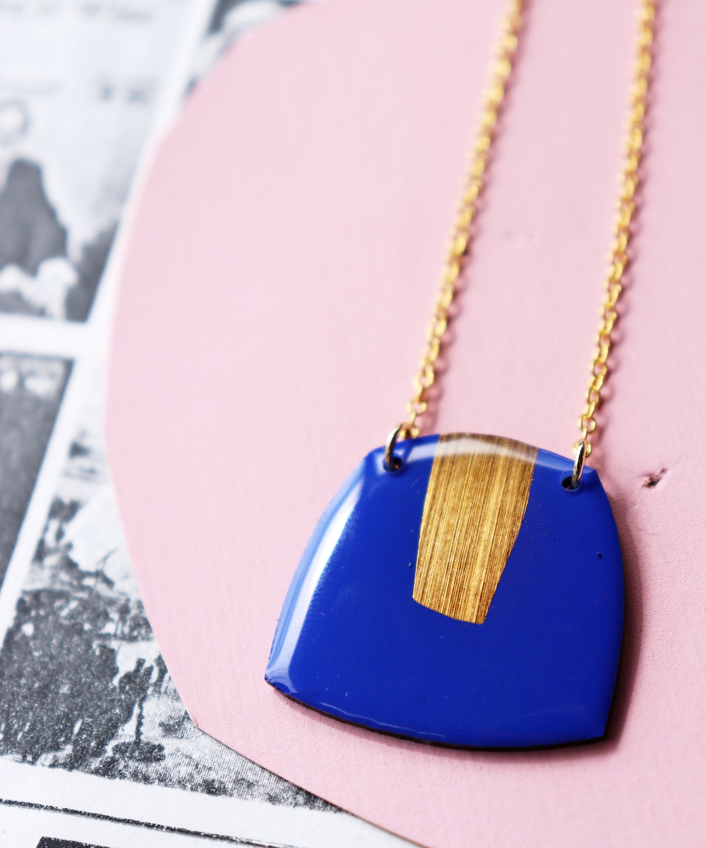 contemporary recycled vinyl record necklace in blue & gold / modern Irish design