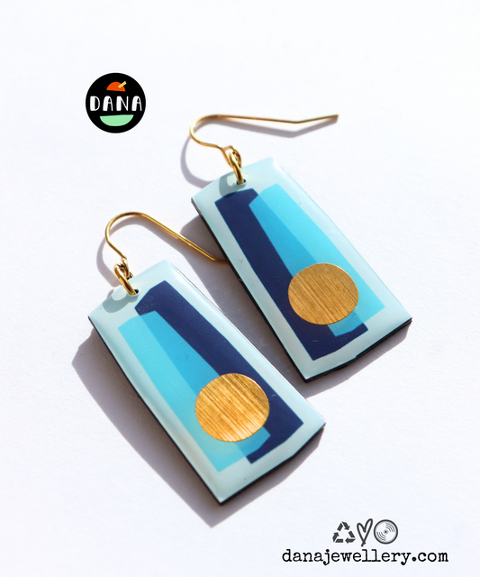 In shades of blue and a pop of gold / recycled vinyl earrings (A1)