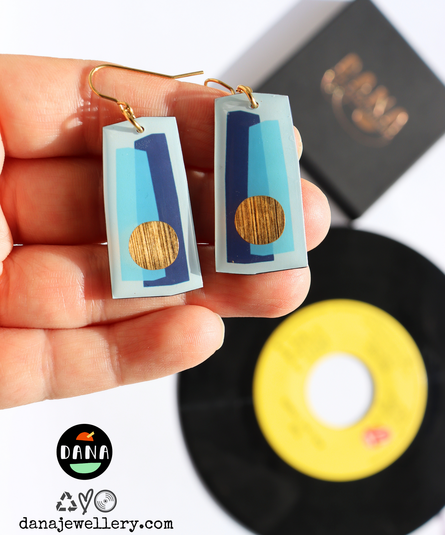 In shades of blue and a pop of gold / recycled vinyl earrings (A1)