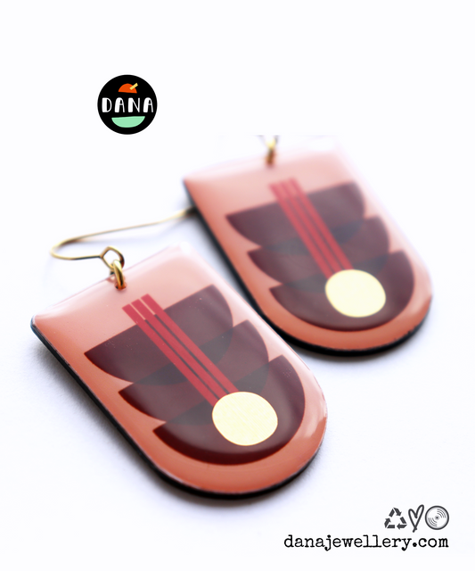 Contemporary graphic art earrings in deep red & warm pink / Irish design