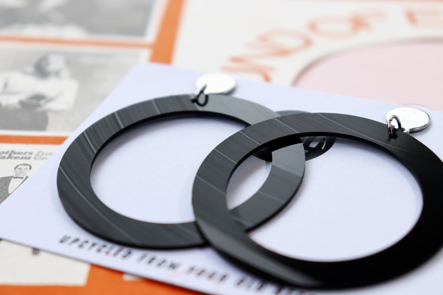 ALL BLACK large disc contour earrings / silver or gold studs