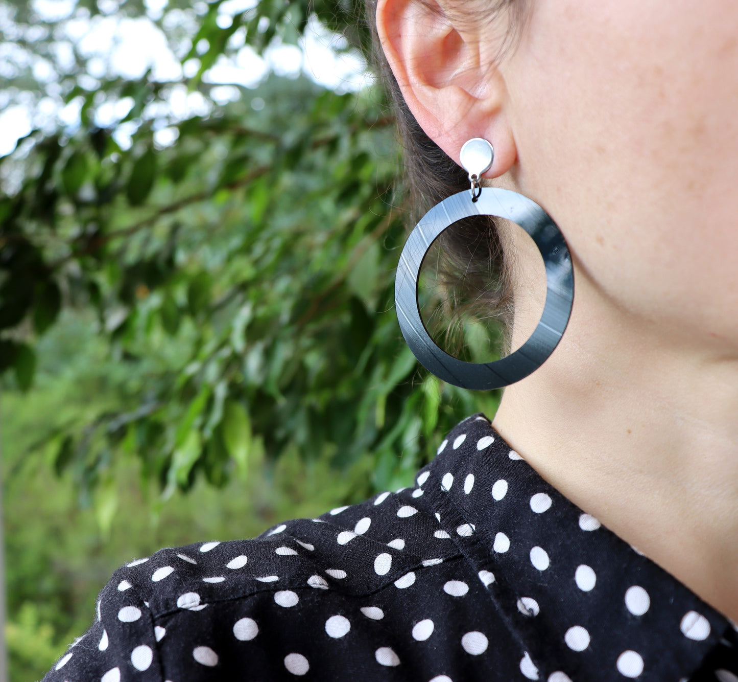 Large black vinyl record disc earrings - silver or gold colour studs