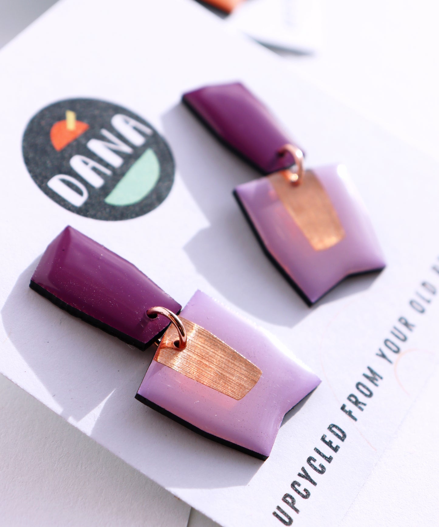 Connie no.2 / Modern geometric earrings in shades of purples with a warm pop of copper