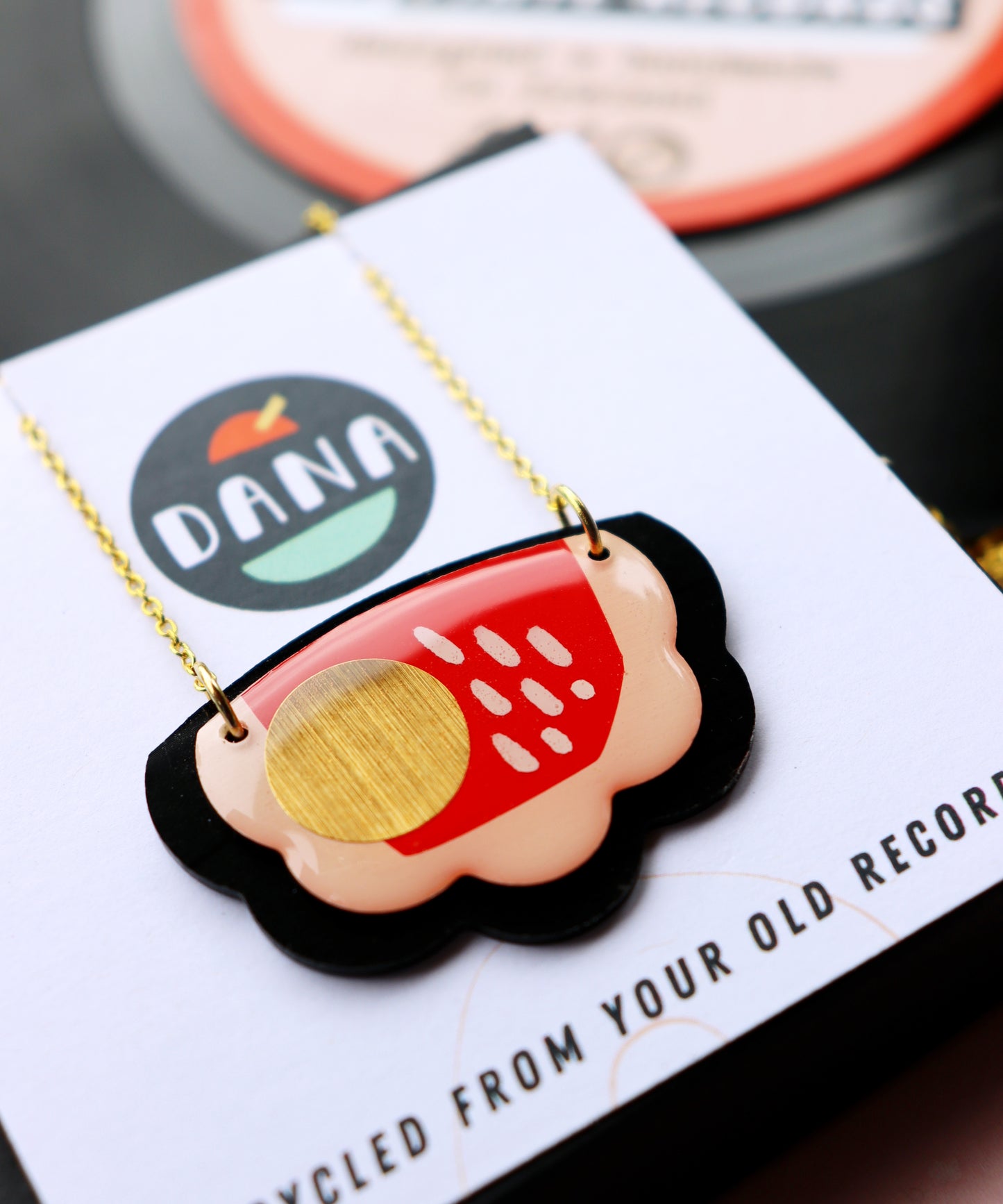 30% OFF Froufrou upcycled vinyl necklace / red and gold