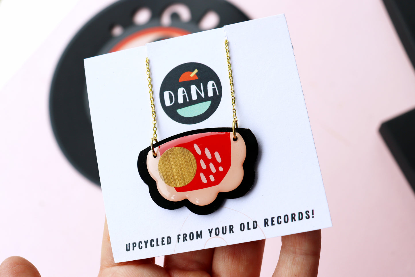 30% OFF Froufrou upcycled vinyl necklace / red and gold