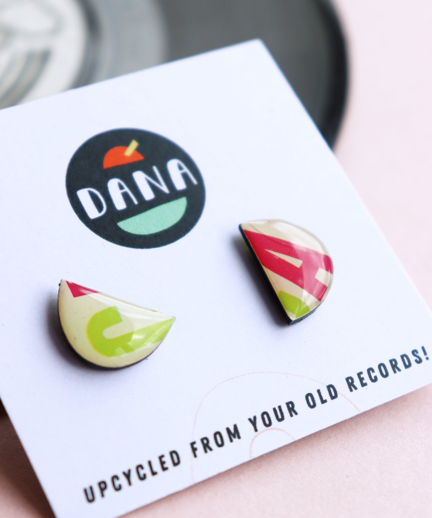 50% OFF / one of a kind upcycled semi circle vinyl record studs
