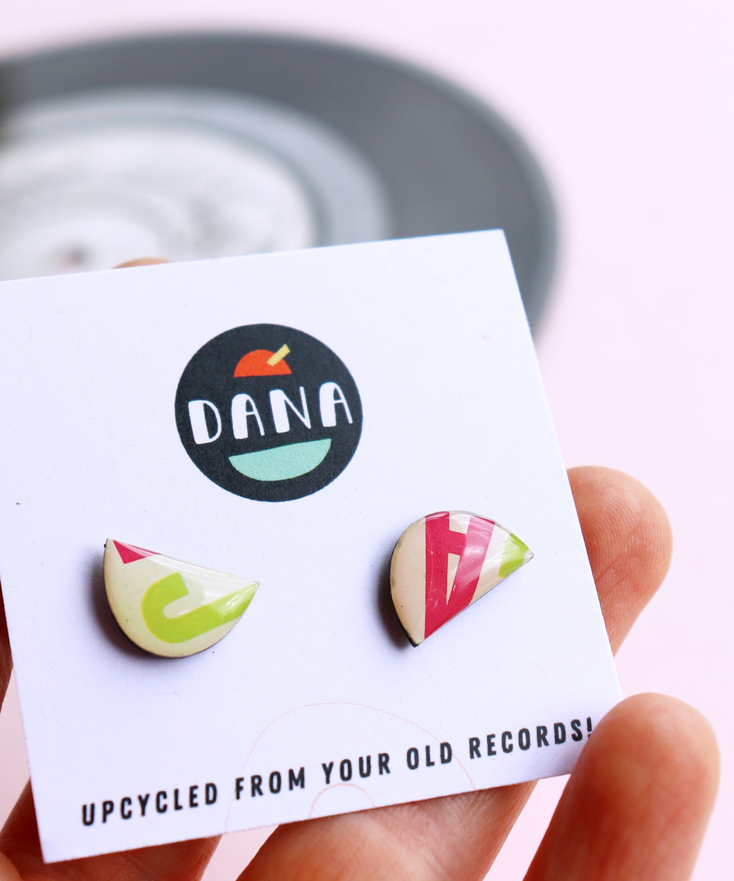 50% OFF / one of a kind upcycled semi circle vinyl record studs