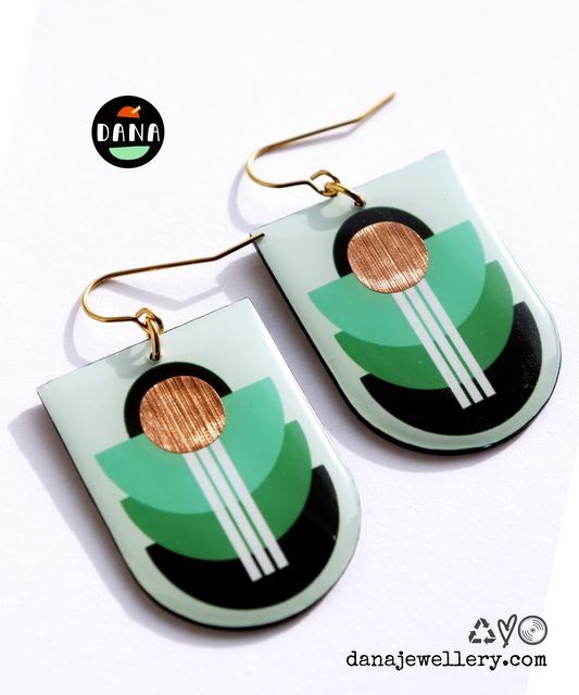 Modern upcycled vinyl earrings in shades of green / Irish made (C1)