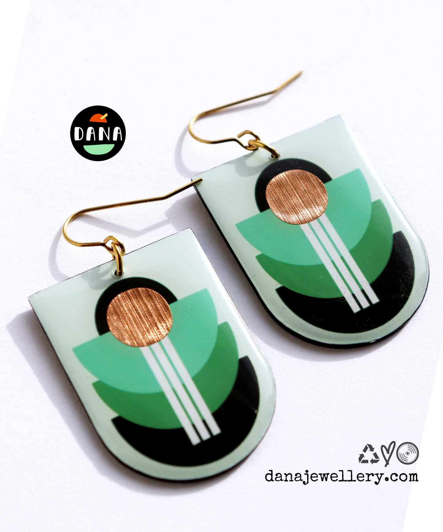 Modern upcycled vinyl earrings in shades of green / Irish made (C1)