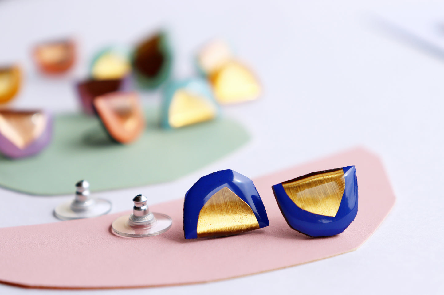 modern geometric stud earrings blue and gold / eco Irish jewellery