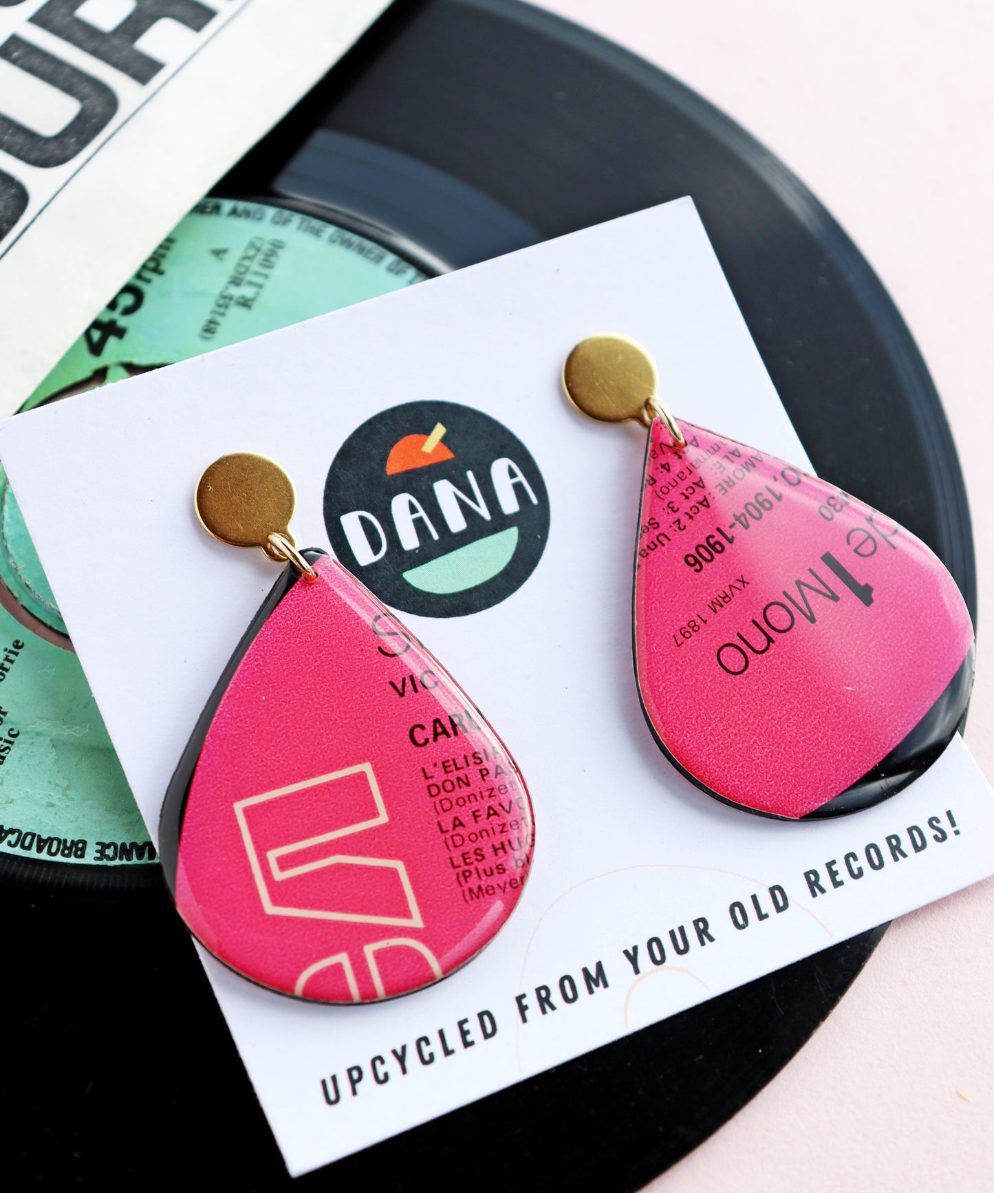 Pinkalicious bold teardrop upcycled vinyl record earrings - unique Irish jewellery