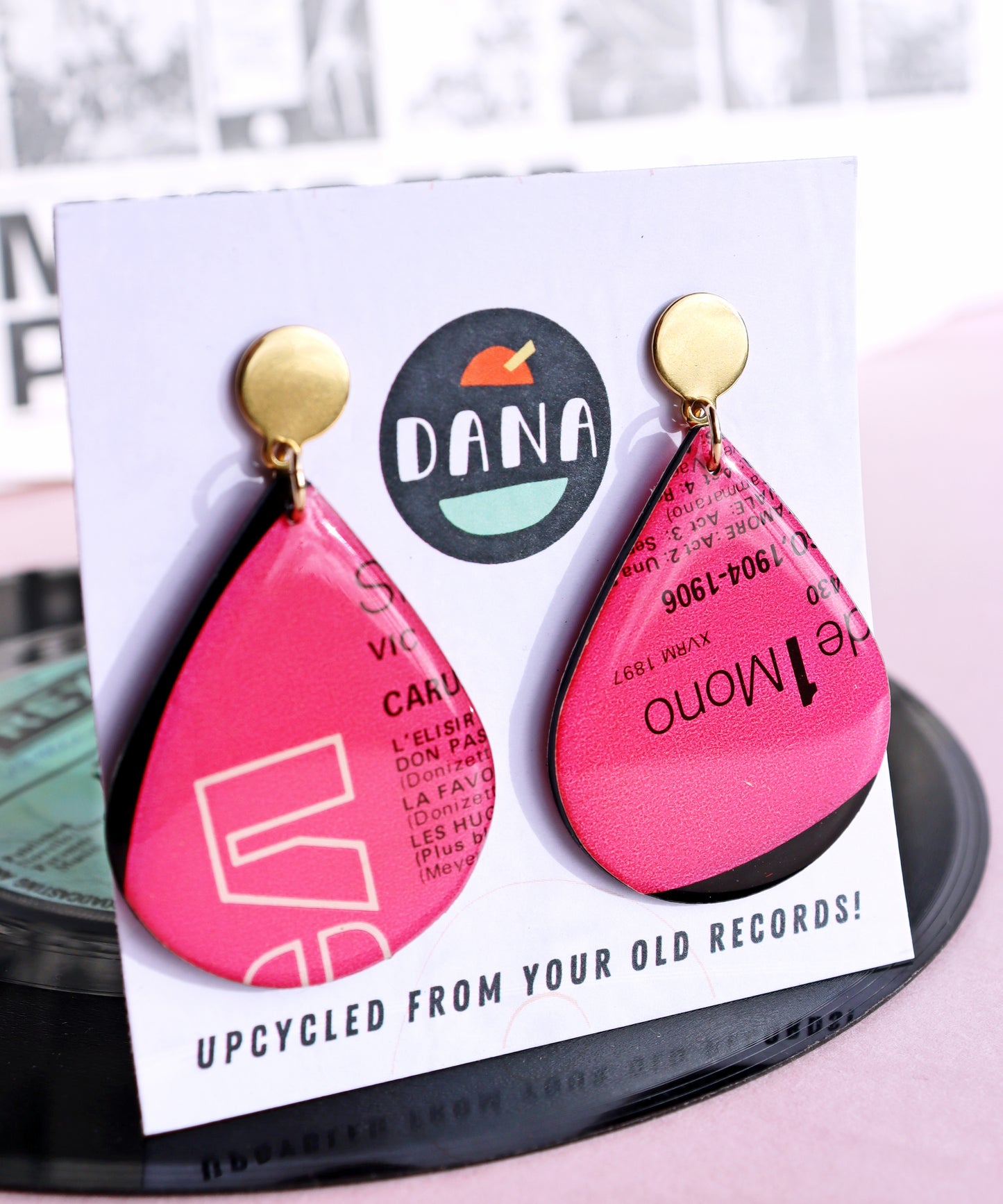 Pinkalicious bold teardrop upcycled vinyl record earrings - unique Irish jewellery