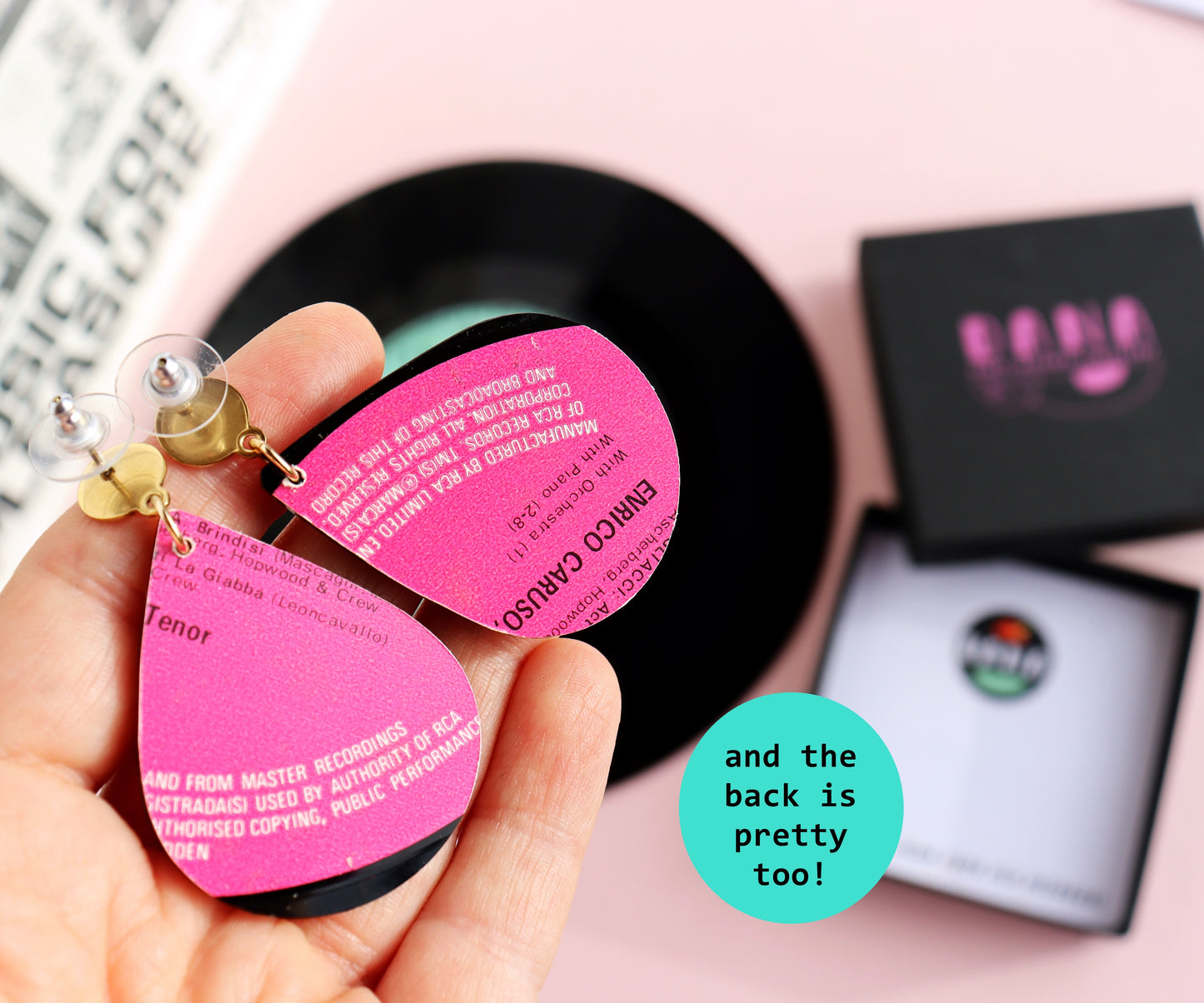 Pinkalicious bold teardrop upcycled vinyl record earrings - unique Irish jewellery