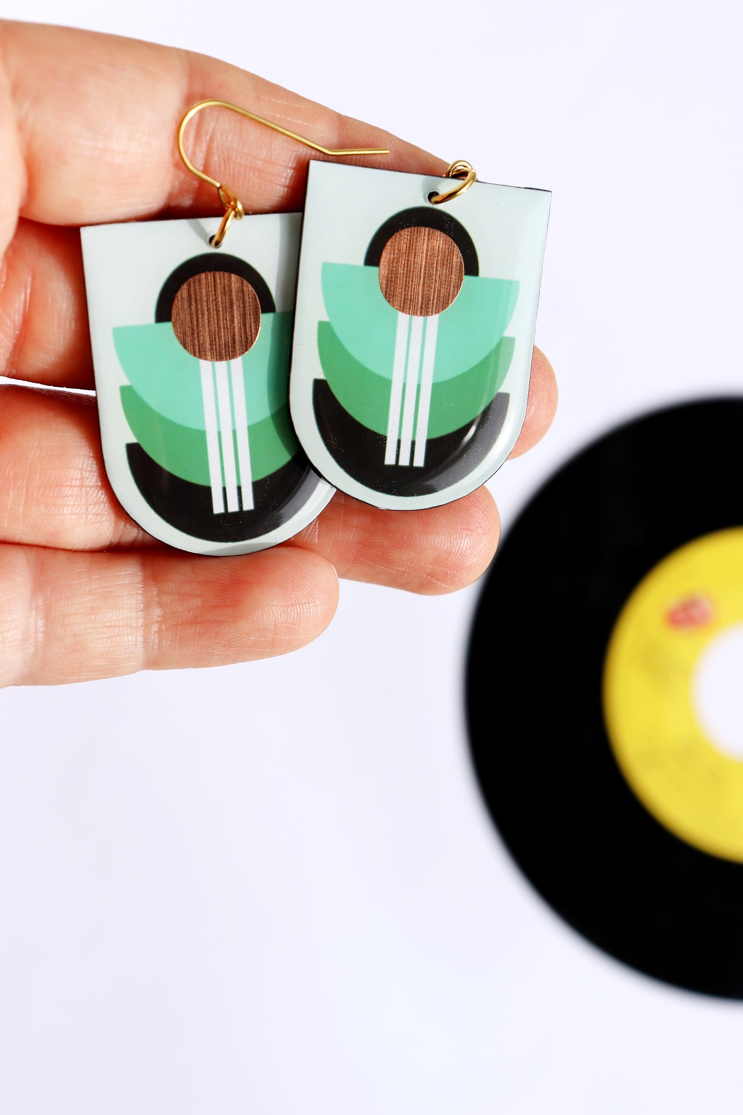 Modern upcycled vinyl earrings in shades of green / Irish made (C1)