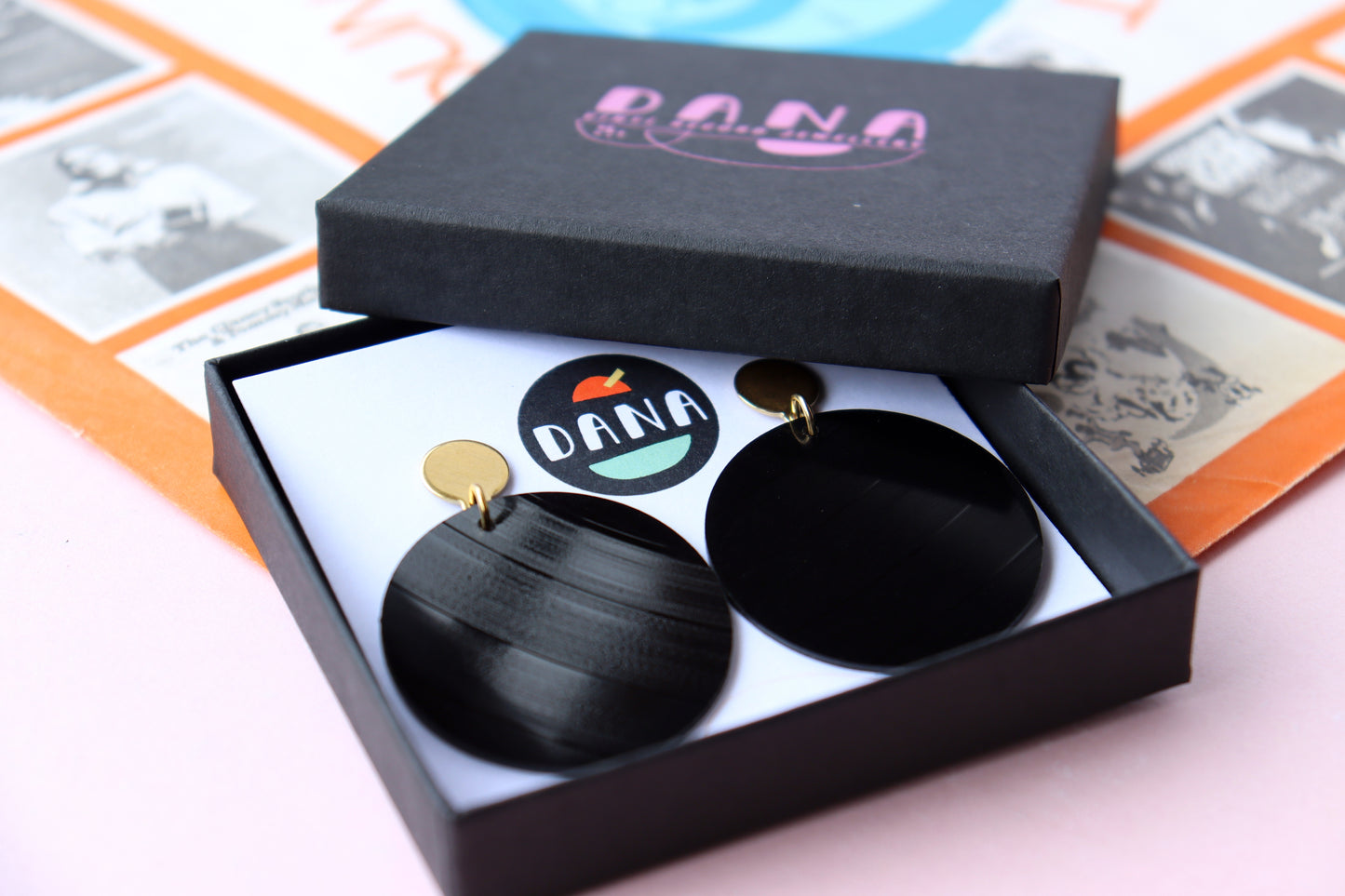 Minimal black disc vinyl record earrings