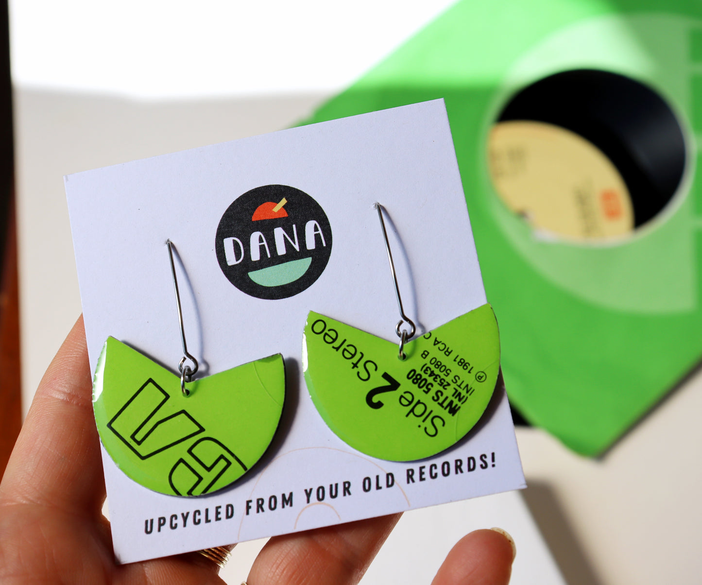 1981 RCA Side 2 Stereo / Bright lime green funky upcycled vinyl record earrings / ONE OF A KIND