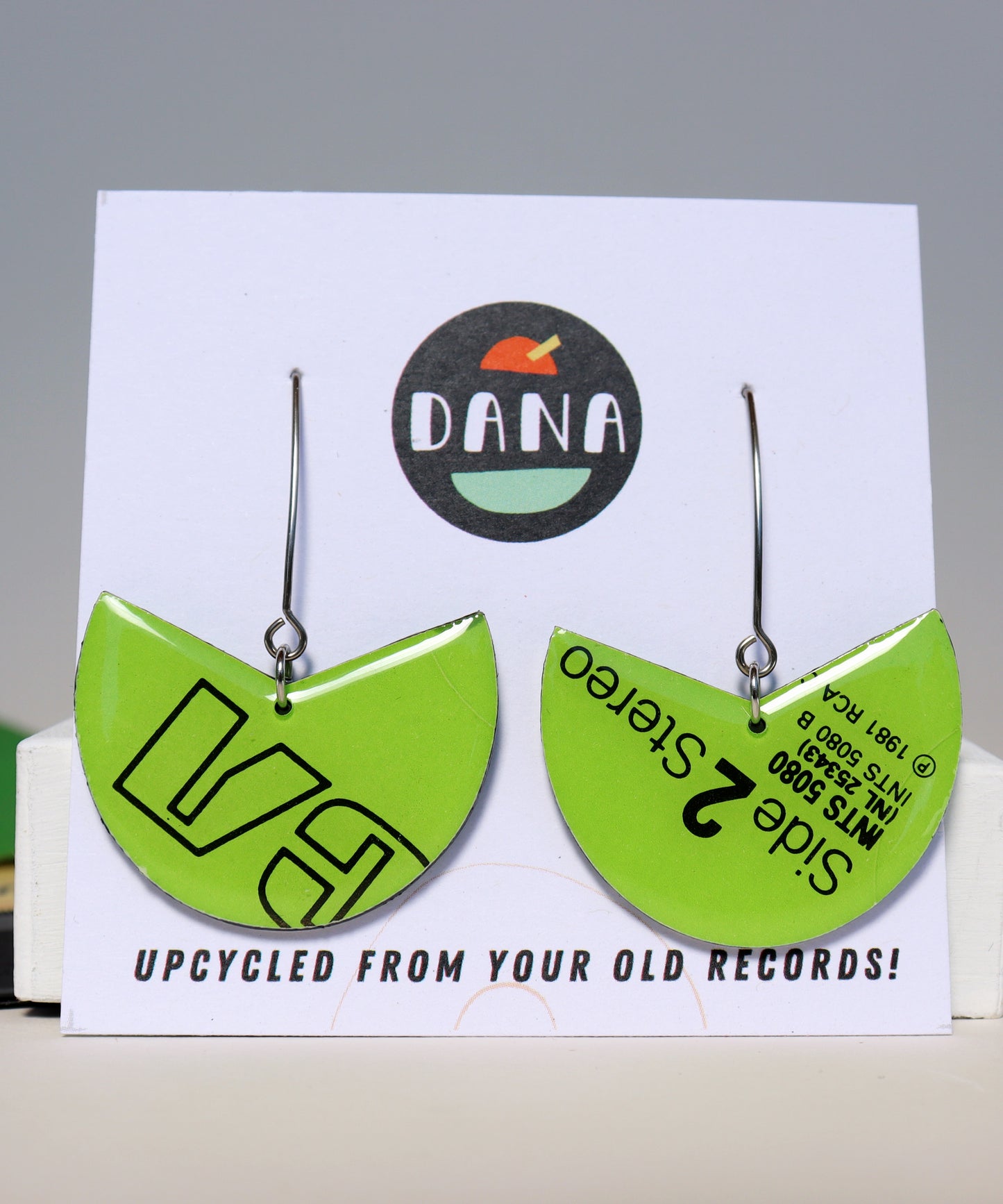 1981 RCA Side 2 Stereo / Bright lime green funky upcycled vinyl record earrings / ONE OF A KIND
