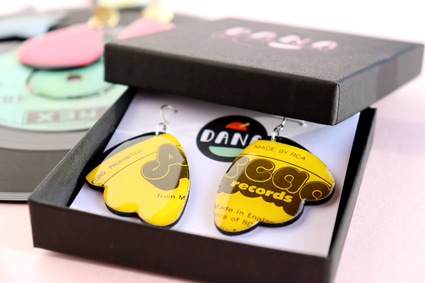 Quirky bright yellow Arcade repurposed vinyl record earrings