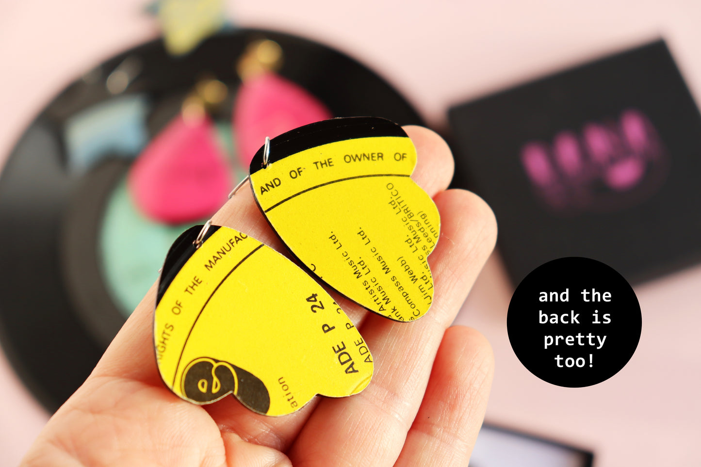 Quirky bright yellow Arcade repurposed vinyl record earrings