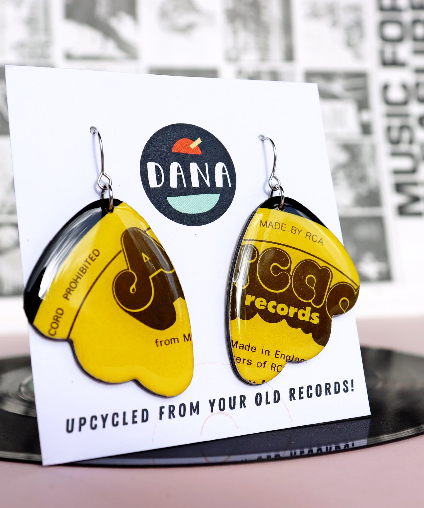 Quirky bright yellow Arcade repurposed vinyl record earrings