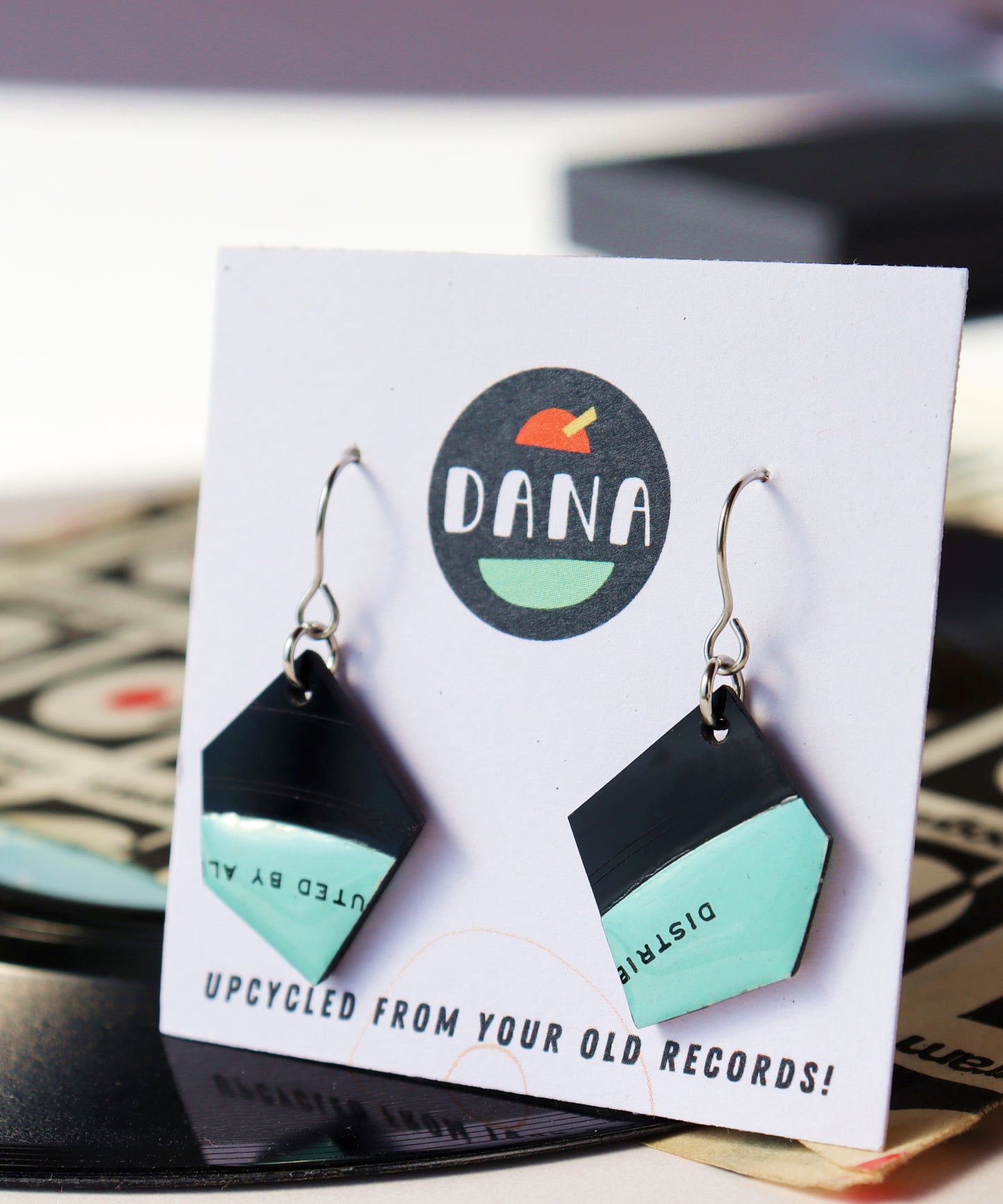 Small vinyl record nugget earrings in black and aqua / ONE OF A KIND