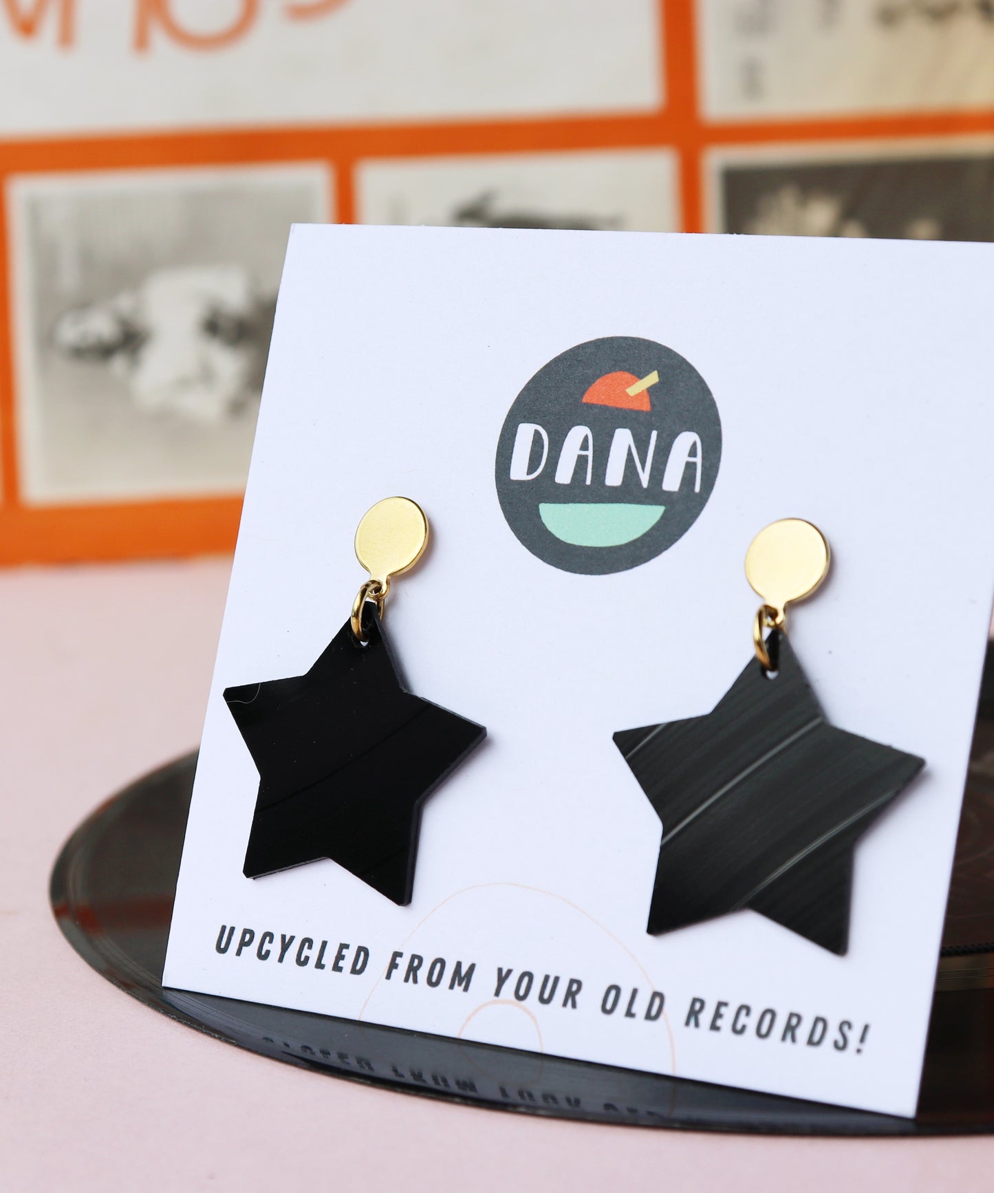 Upcycled black vinyl record star earrings - gold or silver posts