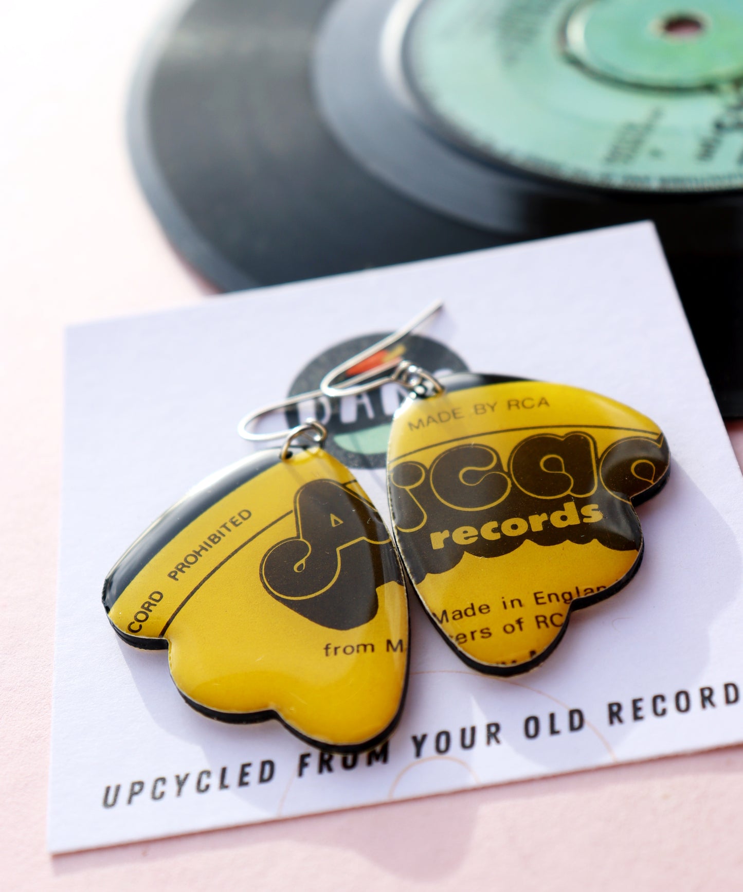 Quirky bright yellow Arcade repurposed vinyl record earrings