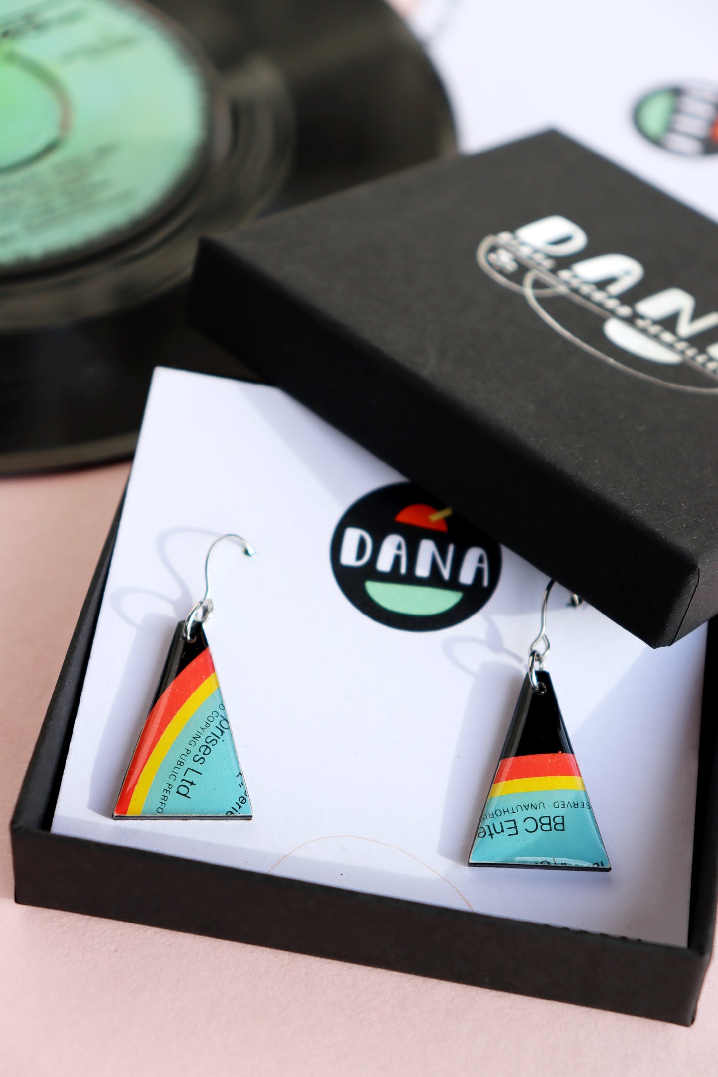Fun colourful triangle earrings upcycled from vinyl record