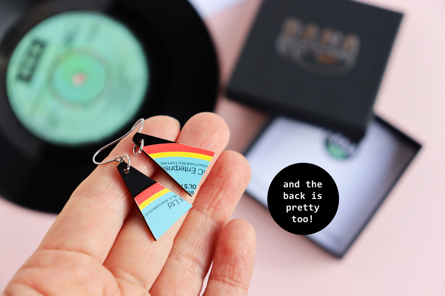 Fun colourful triangle earrings upcycled from vinyl record