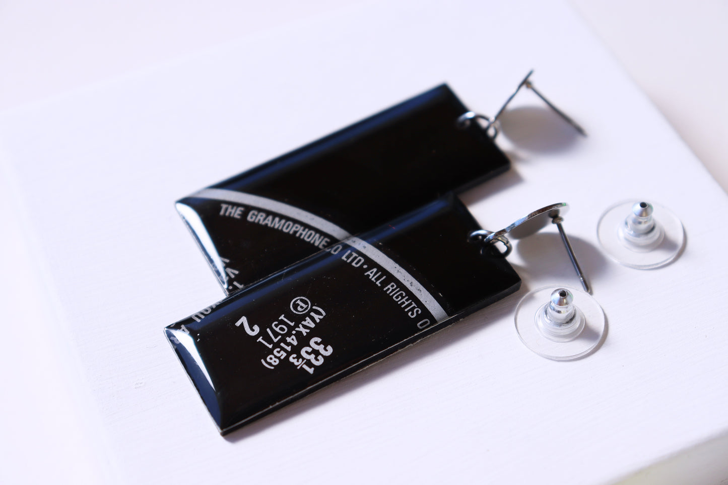 1971 / 33 1/3 / The Gramophone / Eco chic black geometric vinyl record earrings / ONE OF A KIND