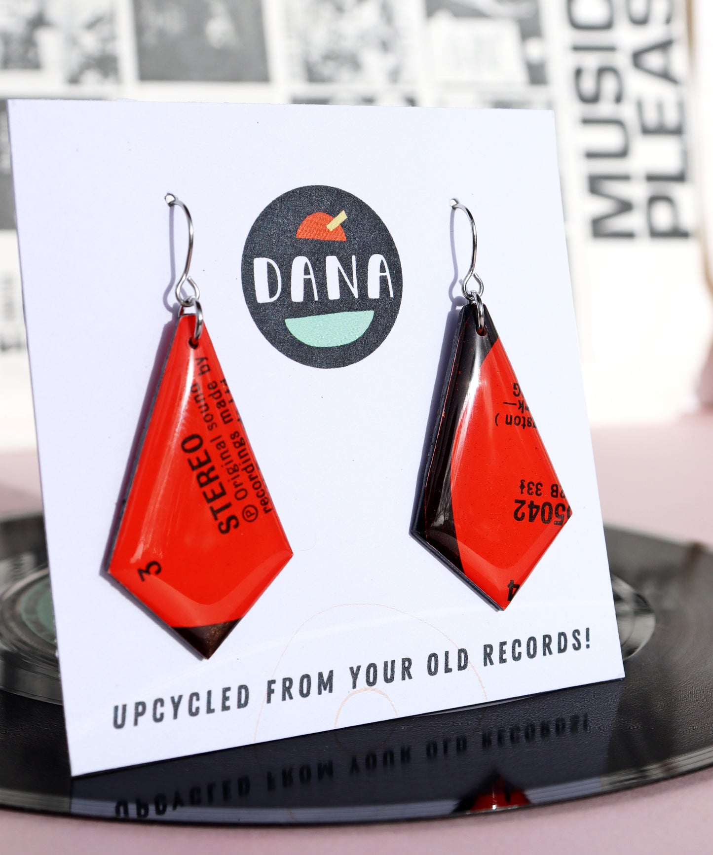 Bright red recycled vinyl record earrings -