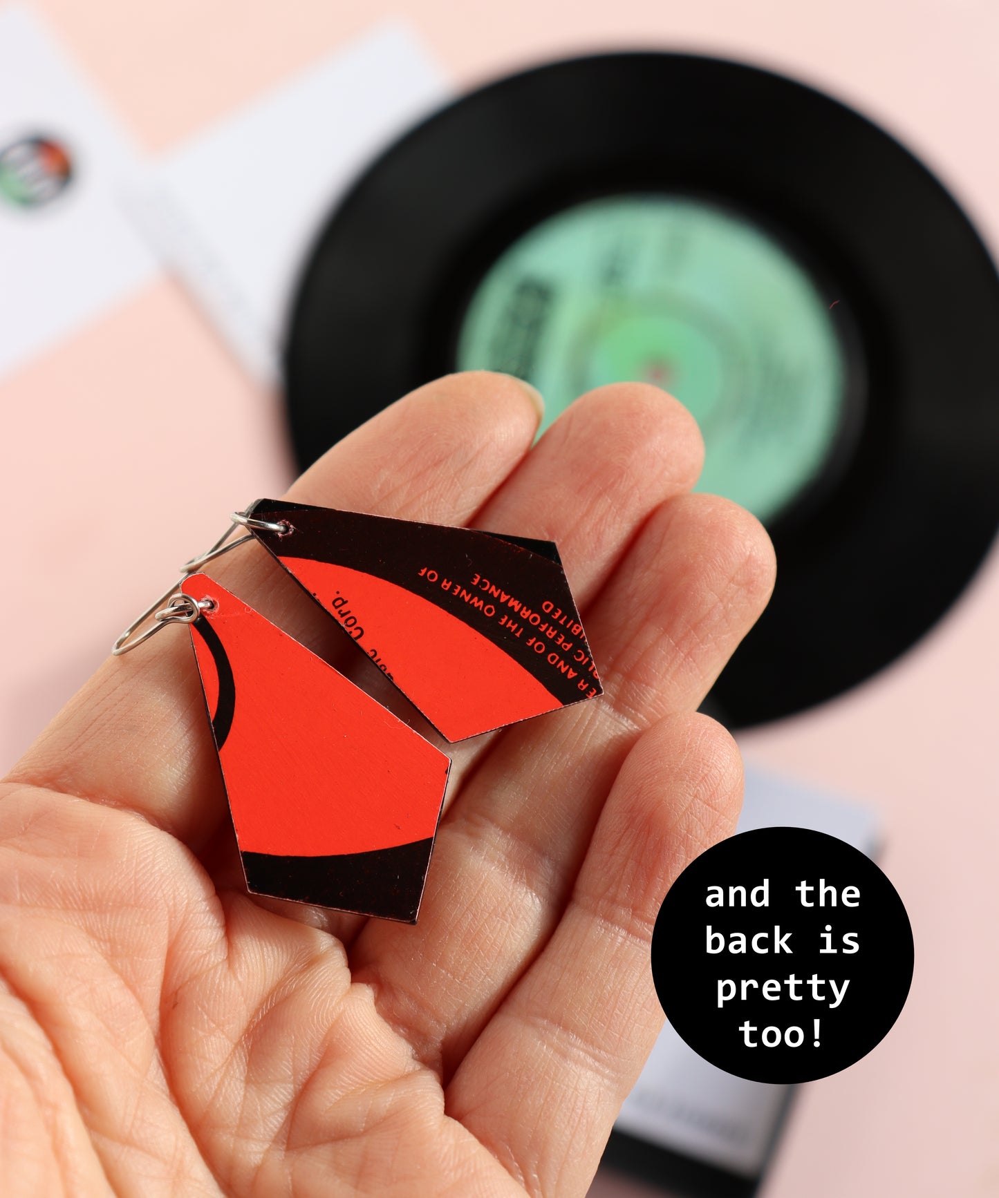 Bright red recycled vinyl record earrings -