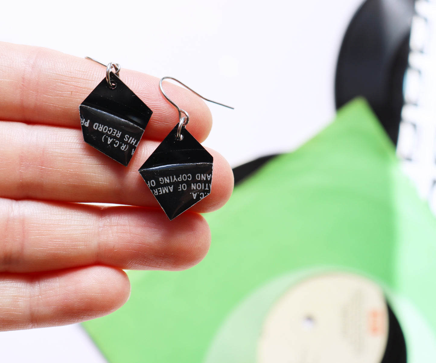 Small black geometric vinyl record earrings / one of a kind upcycled earrings /ONE OF A KIND