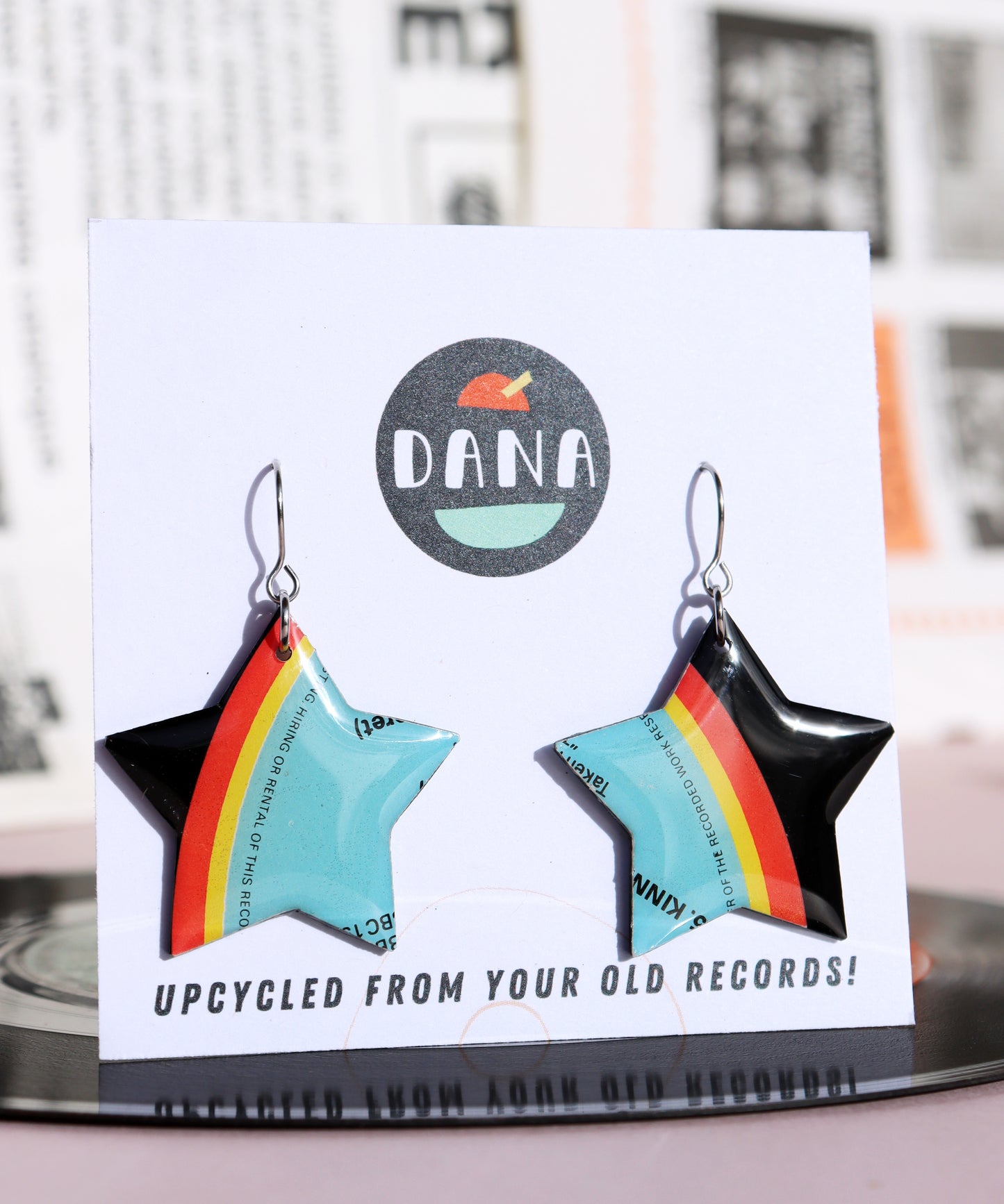 Retro upcycled vinyl record shooting star earrings