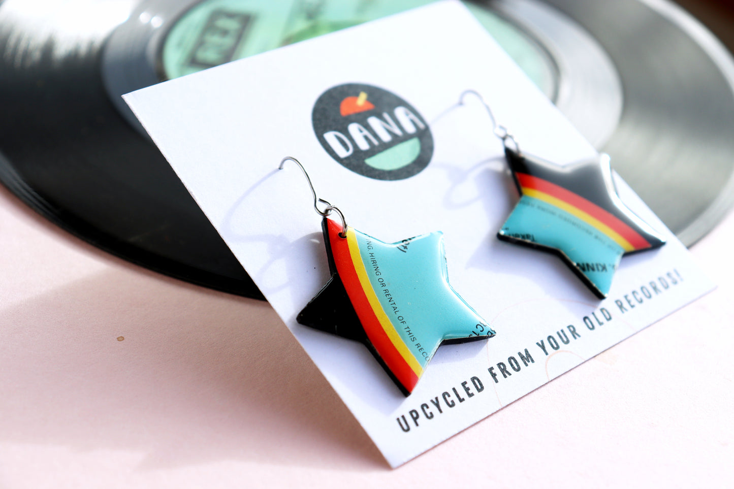 Retro upcycled vinyl record shooting star earrings