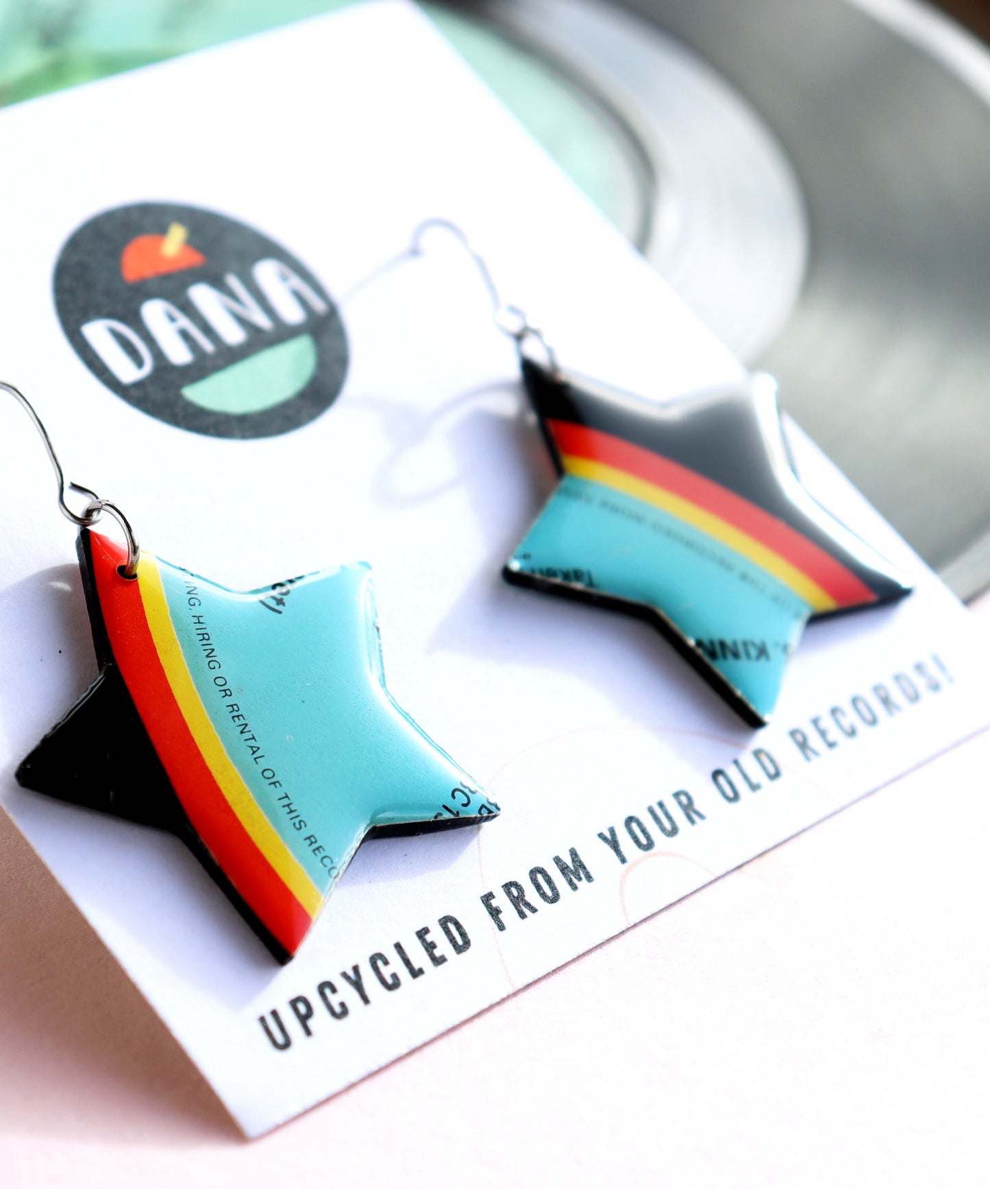 Retro upcycled vinyl record shooting star earrings