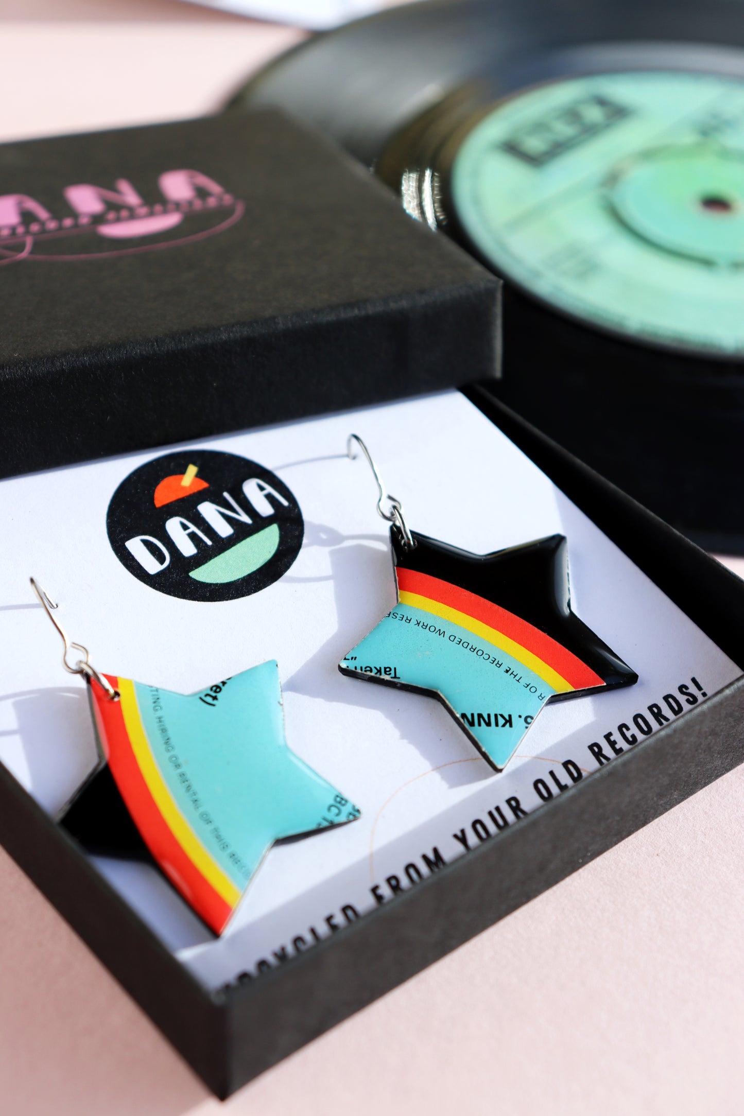Retro upcycled vinyl record shooting star earrings