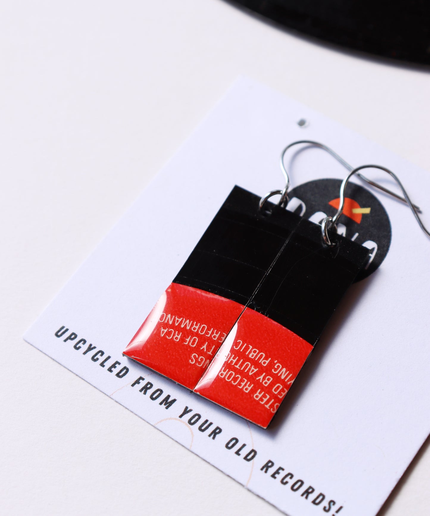 Modern recycled vinyl record earrings in black and red / ONE OF A KIND