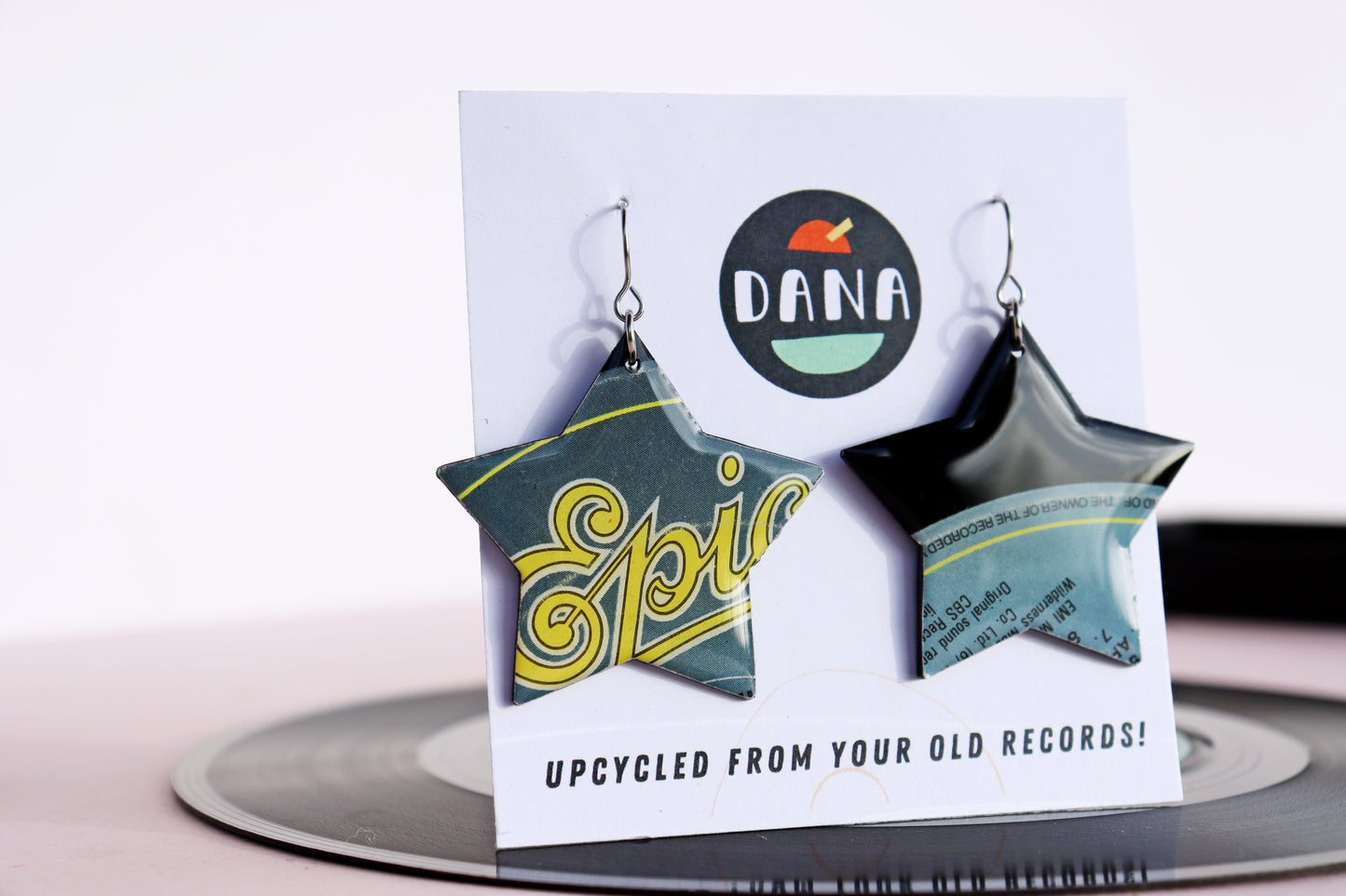 A pair of very EPIC upcycled vinyl record earrings