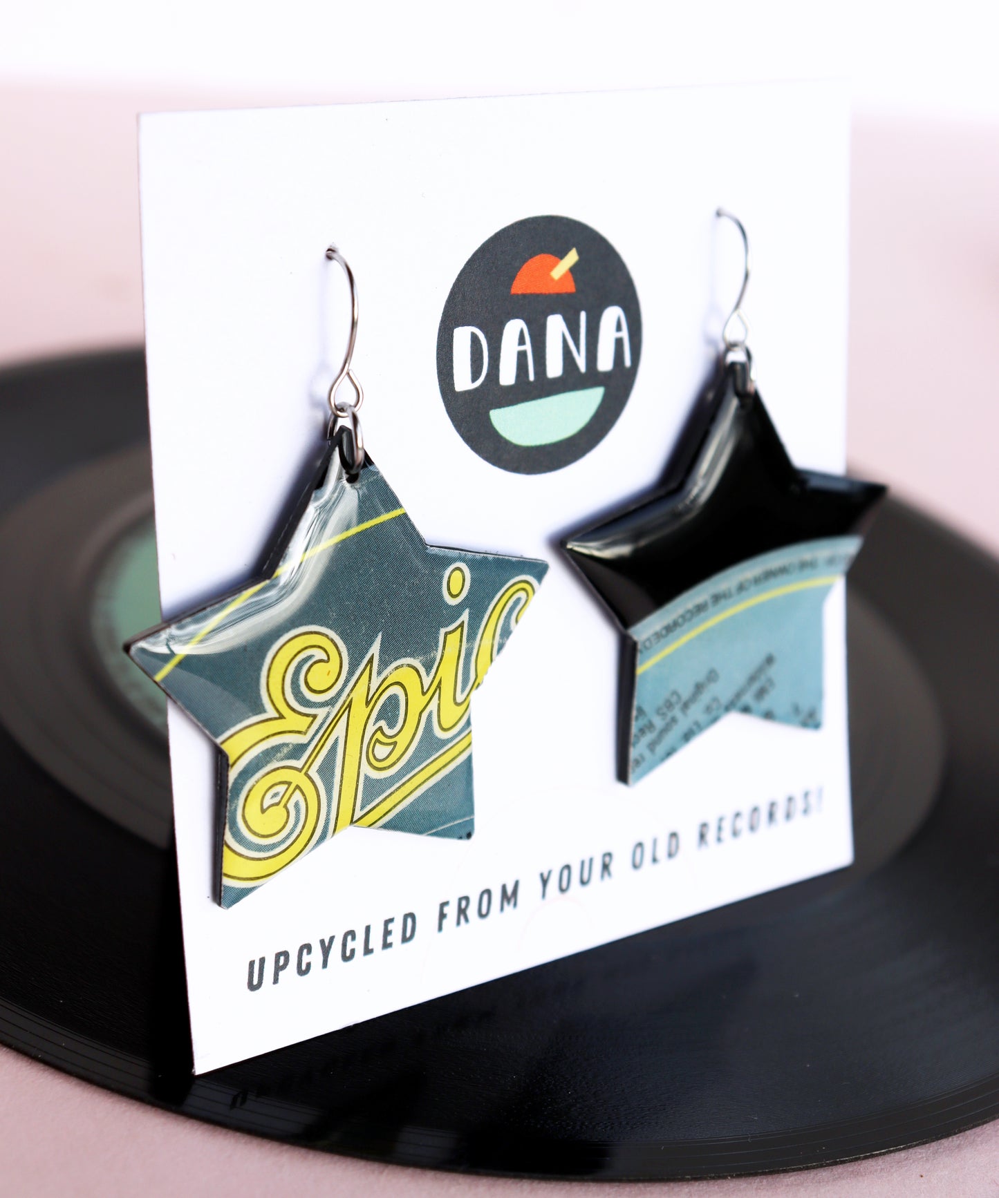 A pair of very EPIC upcycled vinyl record earrings