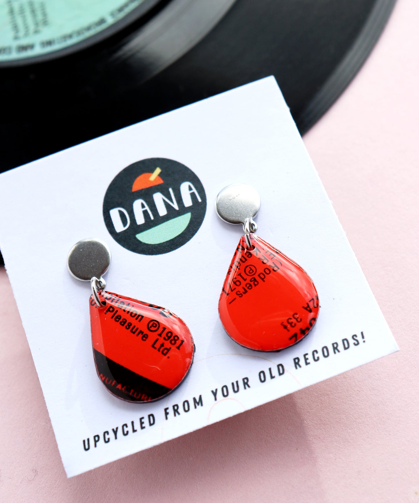 Cute teardrop earrings in red / unique upcycled Irish design / ooak