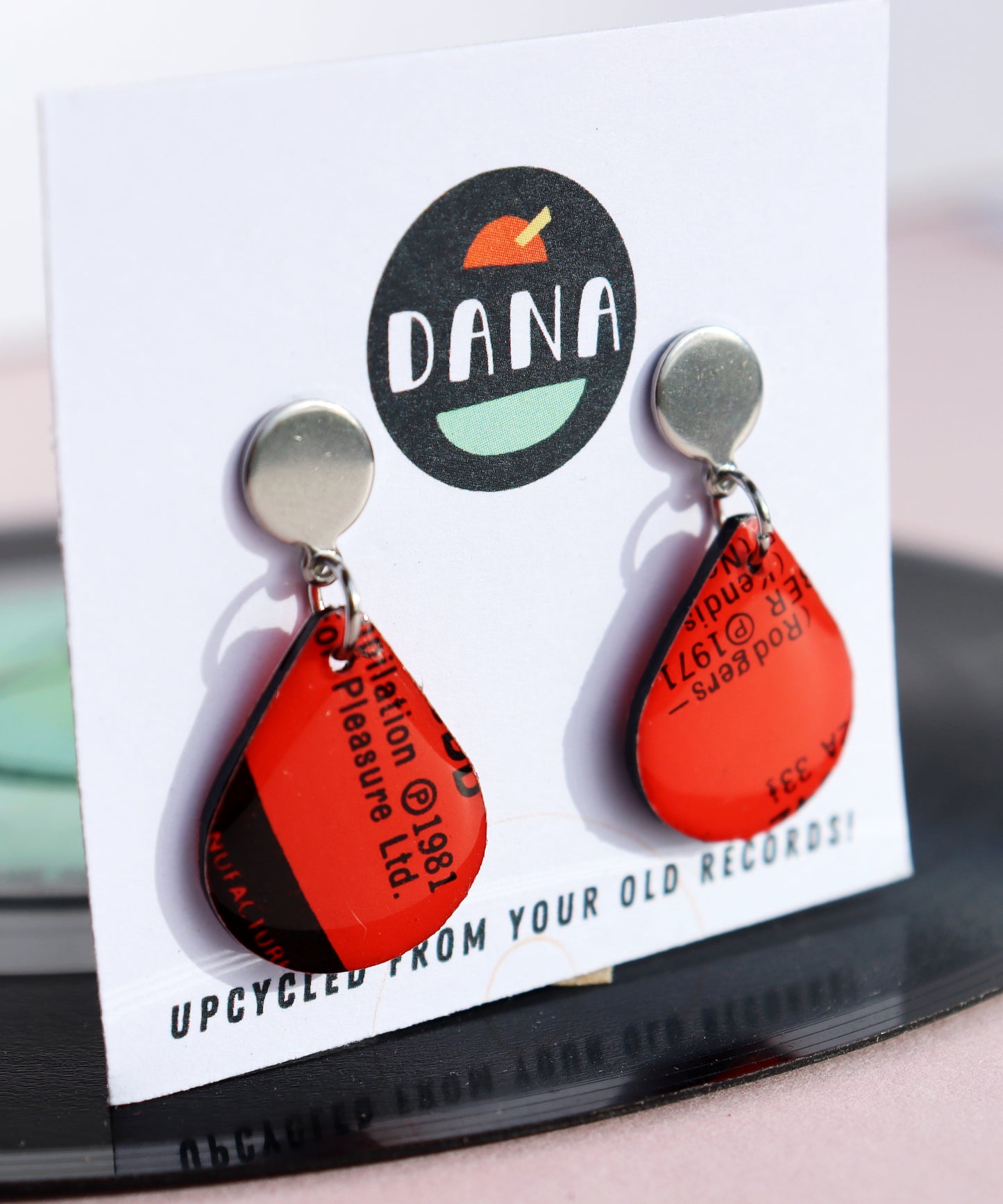 Cute teardrop earrings in red / unique upcycled Irish design / ooak