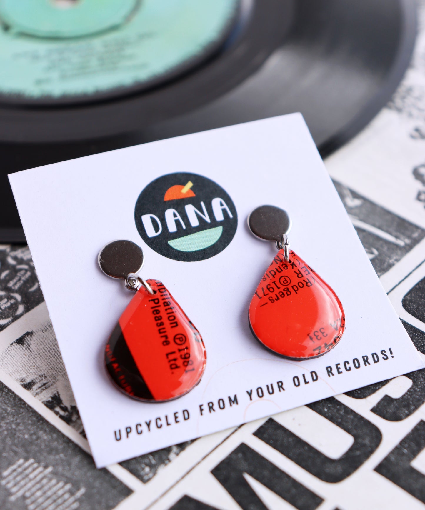 Cute teardrop earrings in red / unique upcycled Irish design / ooak