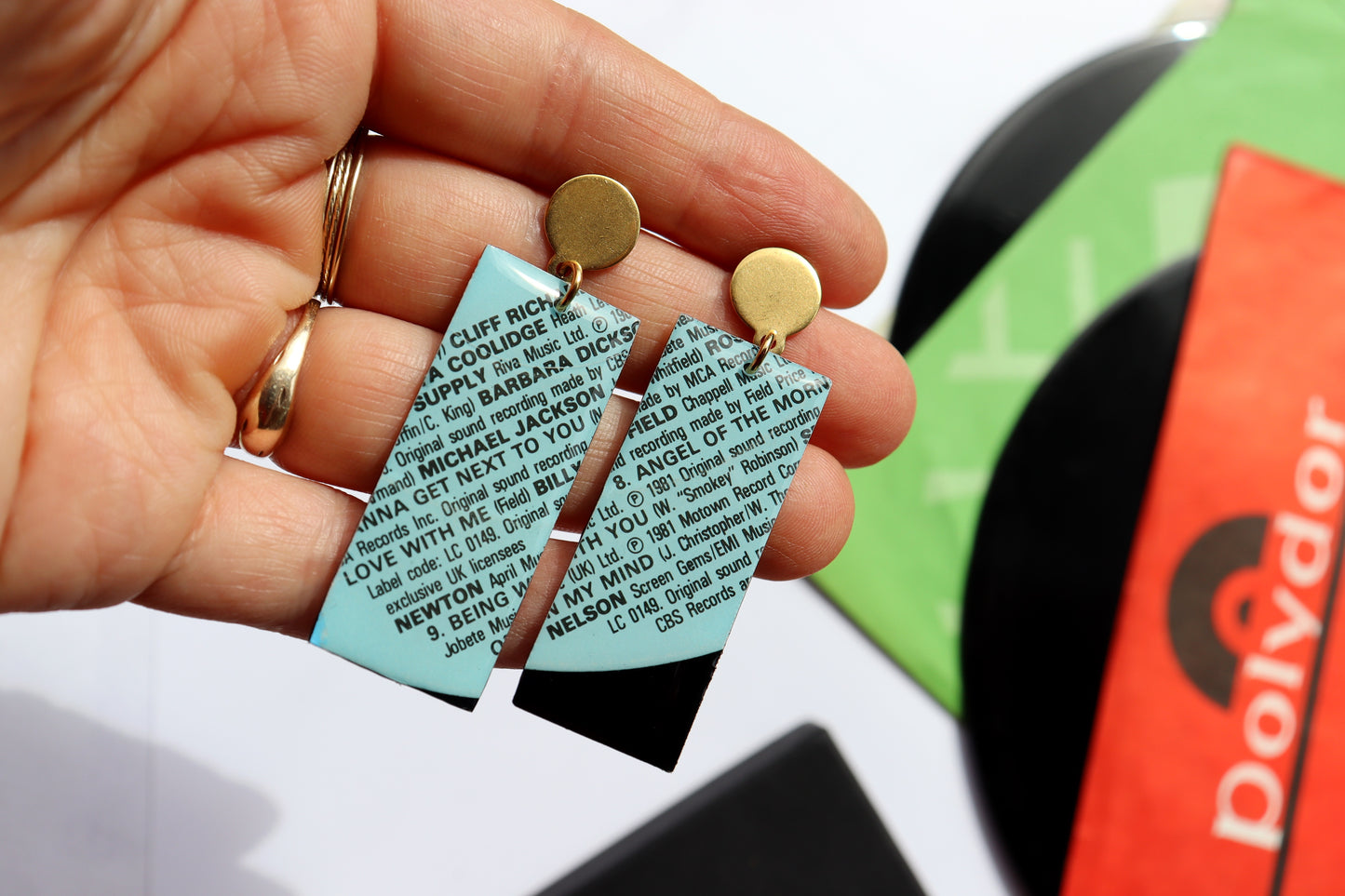 Michael Jackson / 1981 / ENDLESS LOVE compilation / stylish geometric vinyl earrings in aqua / ONE OF A KIND